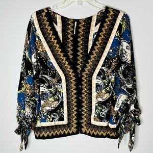 FREE PEOPLE V NECK BUTTON BLOUSE JACKET CARDIGAN PAISLEY ART DECO M